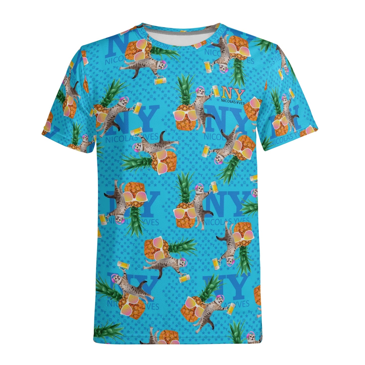 Un Tee-shirt, des Chats, des Ananas et de la Bière ! Le T-shirt Bleu Kitsch Chananas de Nicolas Yves. Lunettes roses jaunes 04