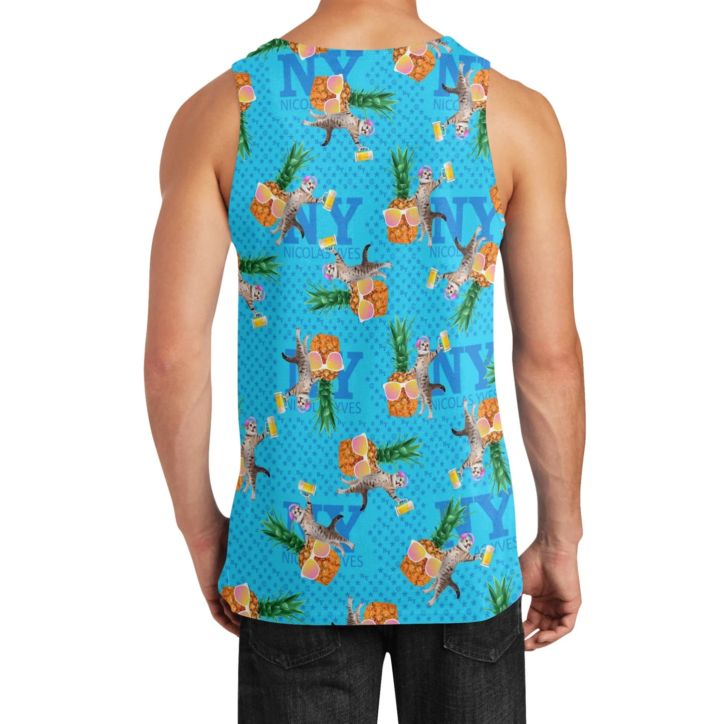 Un Marcel, des Chats, des Ananas et de la Bière ! Le Débardeur Des Teufeurs, Le Chananas Bleu Kitsch effet rose jaune de Nicolas Yves™