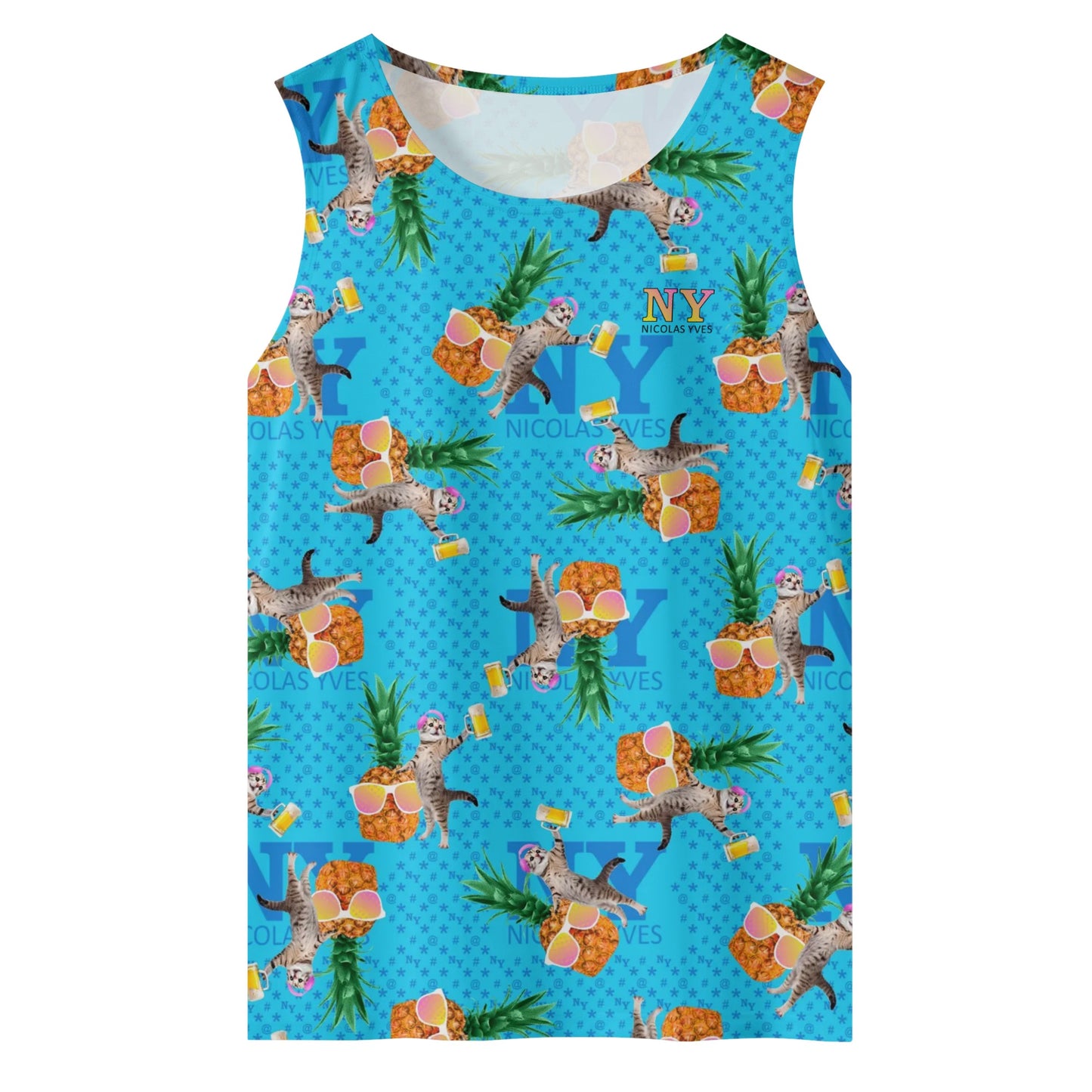 Un Marcel, des Chats, des Ananas et de la Bière ! Le Débardeur Des Teufeurs, Le Chananas Bleu Kitsch effet rose jaune de Nicolas Yves™