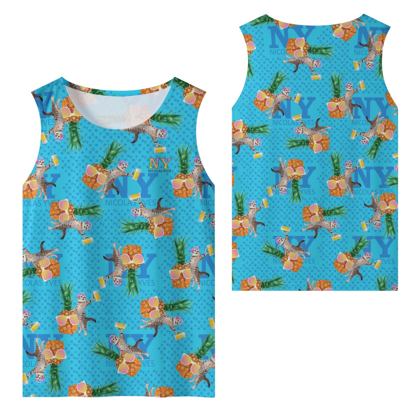 Un Marcel, des Chats, des Ananas et de la Bière ! Le Débardeur Des Teufeurs, Le Chananas Bleu Kitsch effet rose jaune de Nicolas Yves™