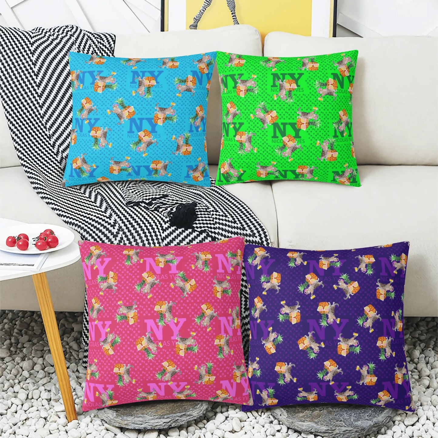 4 HOUSSES DE COUSSINS NY de Nicolas Yves™ - Bleu, Vert, Violet et Rose