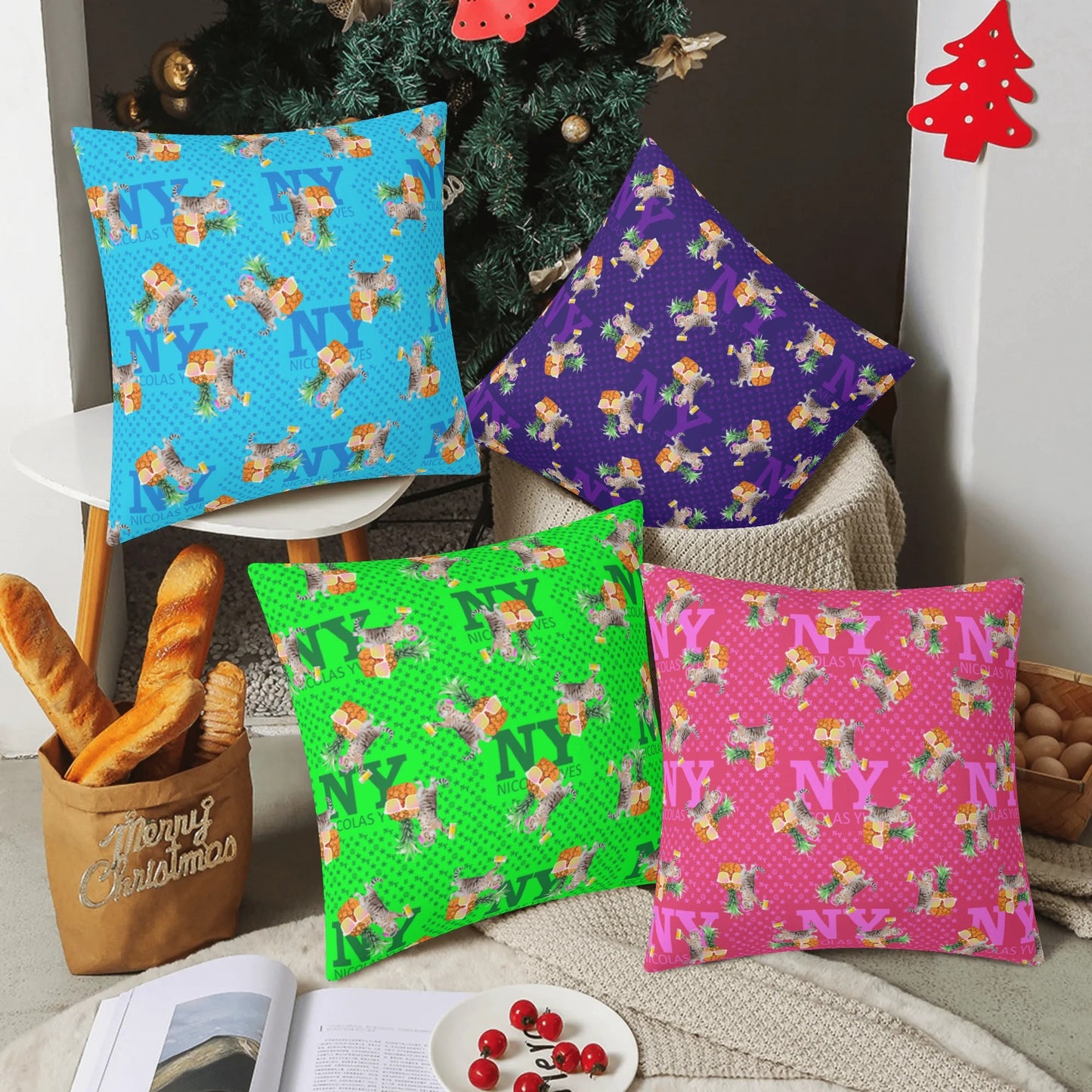 4 HOUSSES DE COUSSINS NY de Nicolas Yves™ - Bleu, Vert, Violet et Rose