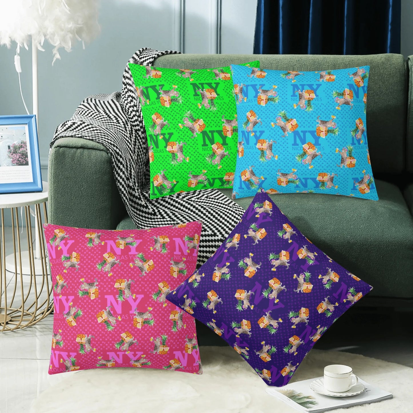 4 HOUSSES DE COUSSINS NY de Nicolas Yves™ - Bleu, Vert, Violet et Rose