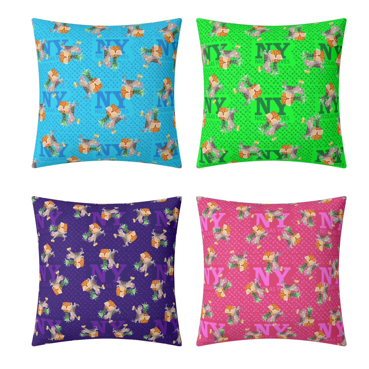 4 HOUSSES DE COUSSINS NY de Nicolas Yves™ - Bleu, Vert, Violet et Rose
