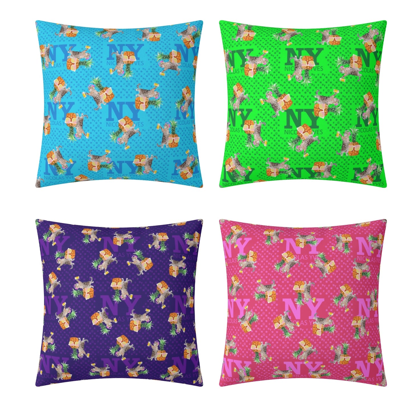 4 HOUSSES DE COUSSINS NY de Nicolas Yves™ - Bleu, Vert, Violet et Rose
