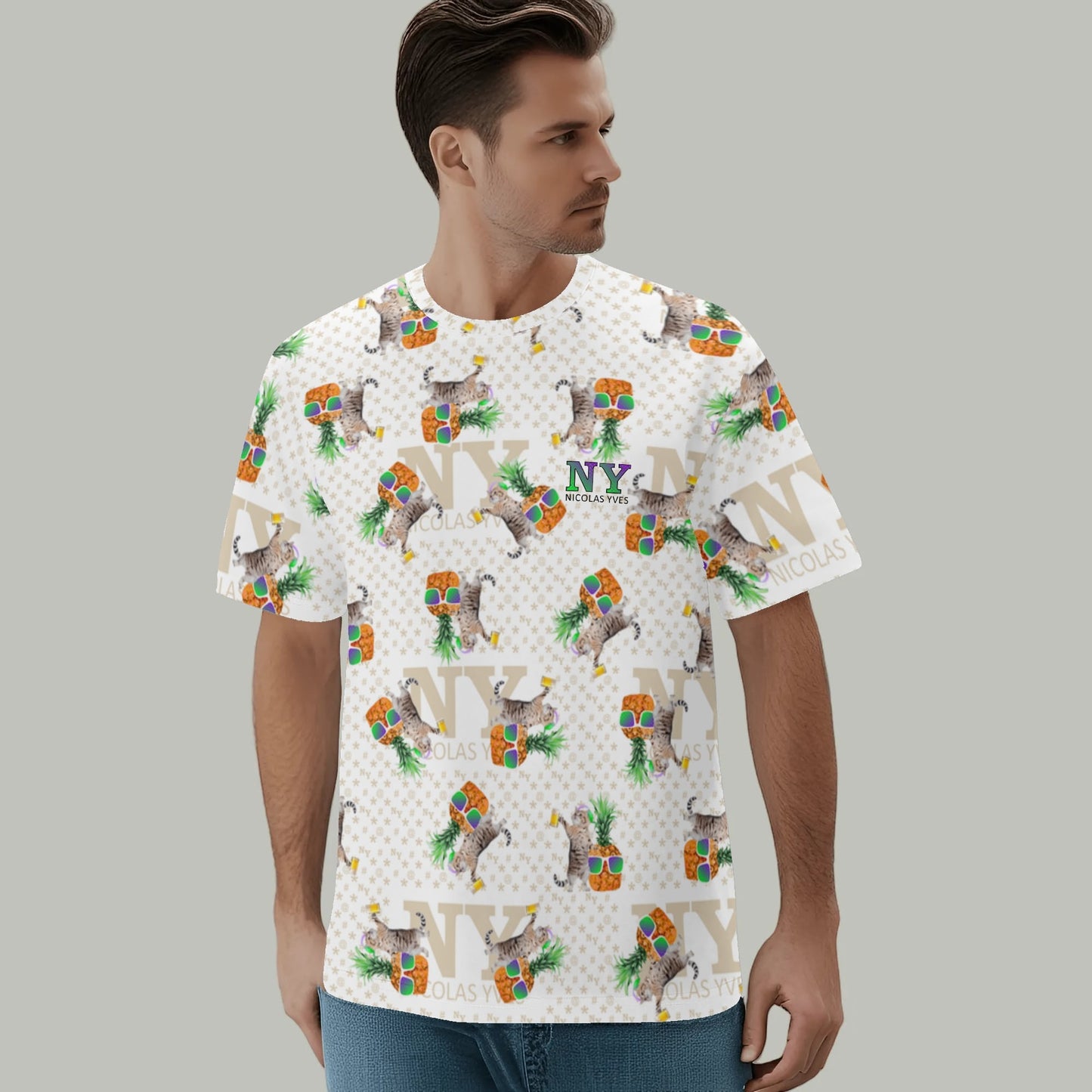 Un Tee-shirt, des Chats, des Ananas et de la Bière ! Le T-shirt Blanc Kitsch Chananas de Nicolas Yves