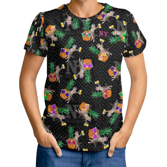 Un Tee-shirt, des Chats, des Ananas et de la Bière ! Le T-shirt Kitsch Chananas de Nicolas Yves - Noir effet Multicolore