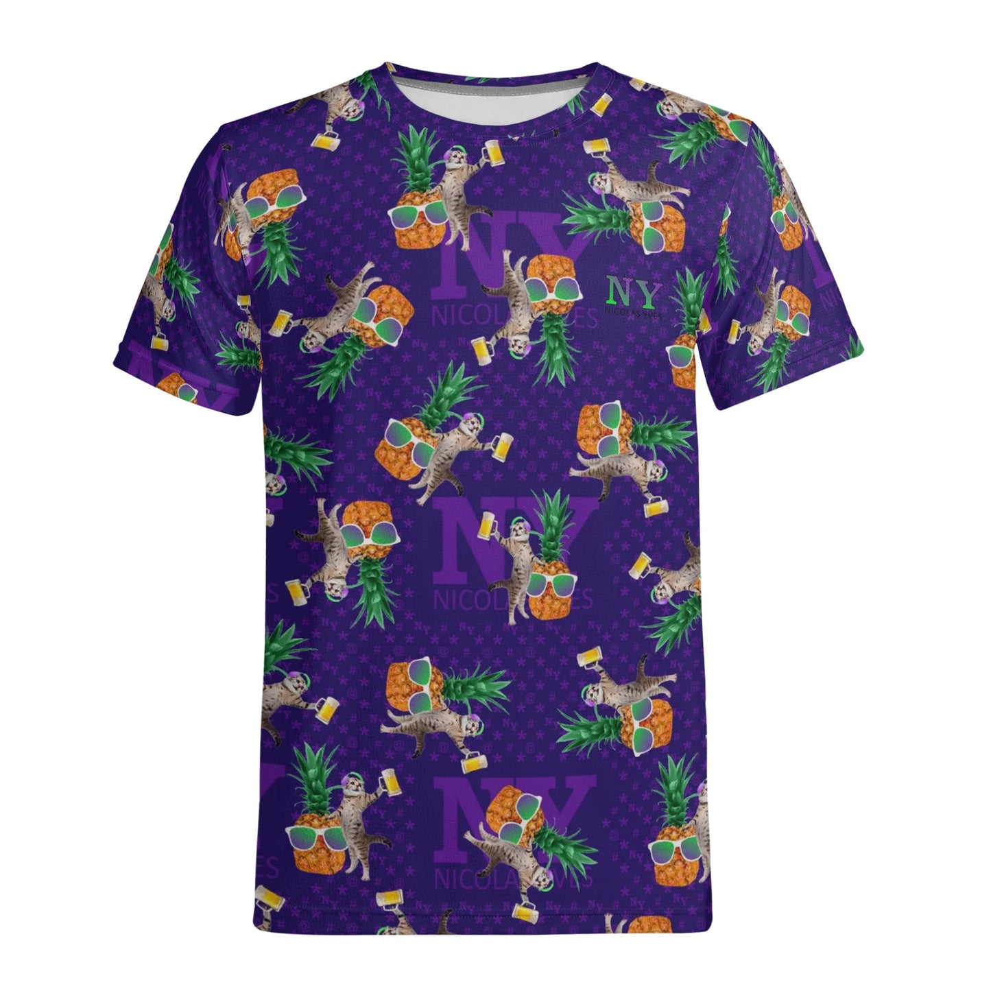 Un Tee-shirt, des Chats, des Ananas et de la Bière ! Le T-shirt Violet Kitsch Chananas de Nicolas Yves