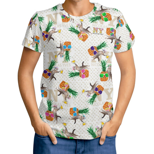Un Tee-shirt, des Chats, des Ananas et de la Bière ! Le T-shirt Kitsch Chananas de Nicolas Yves - Blanc Crème effet Multicolore