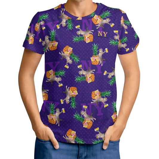 Un Tee-shirt, des Chats, des Ananas et de la Bière ! Le T-shirt Violet Kitsch Chananas de Nicolas Yves