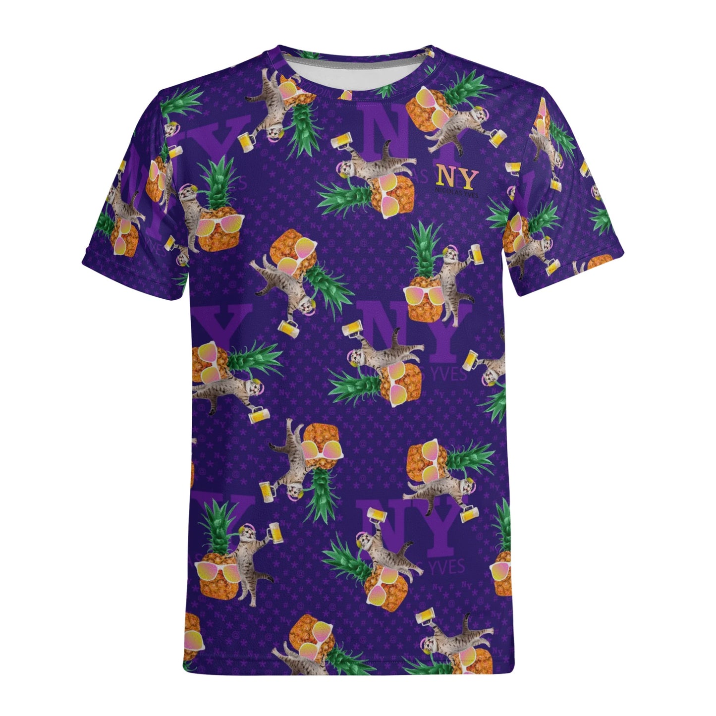 Un Tee-shirt, des Chats, des Ananas et de la Bière ! Le T-shirt Violet Kitsch Chananas de Nicolas Yves