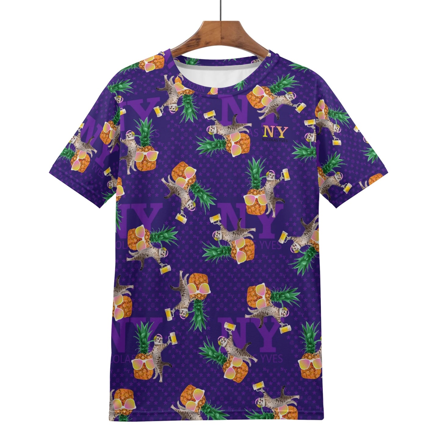 Un Tee-shirt, des Chats, des Ananas et de la Bière ! Le T-shirt Violet Kitsch Chananas de Nicolas Yves