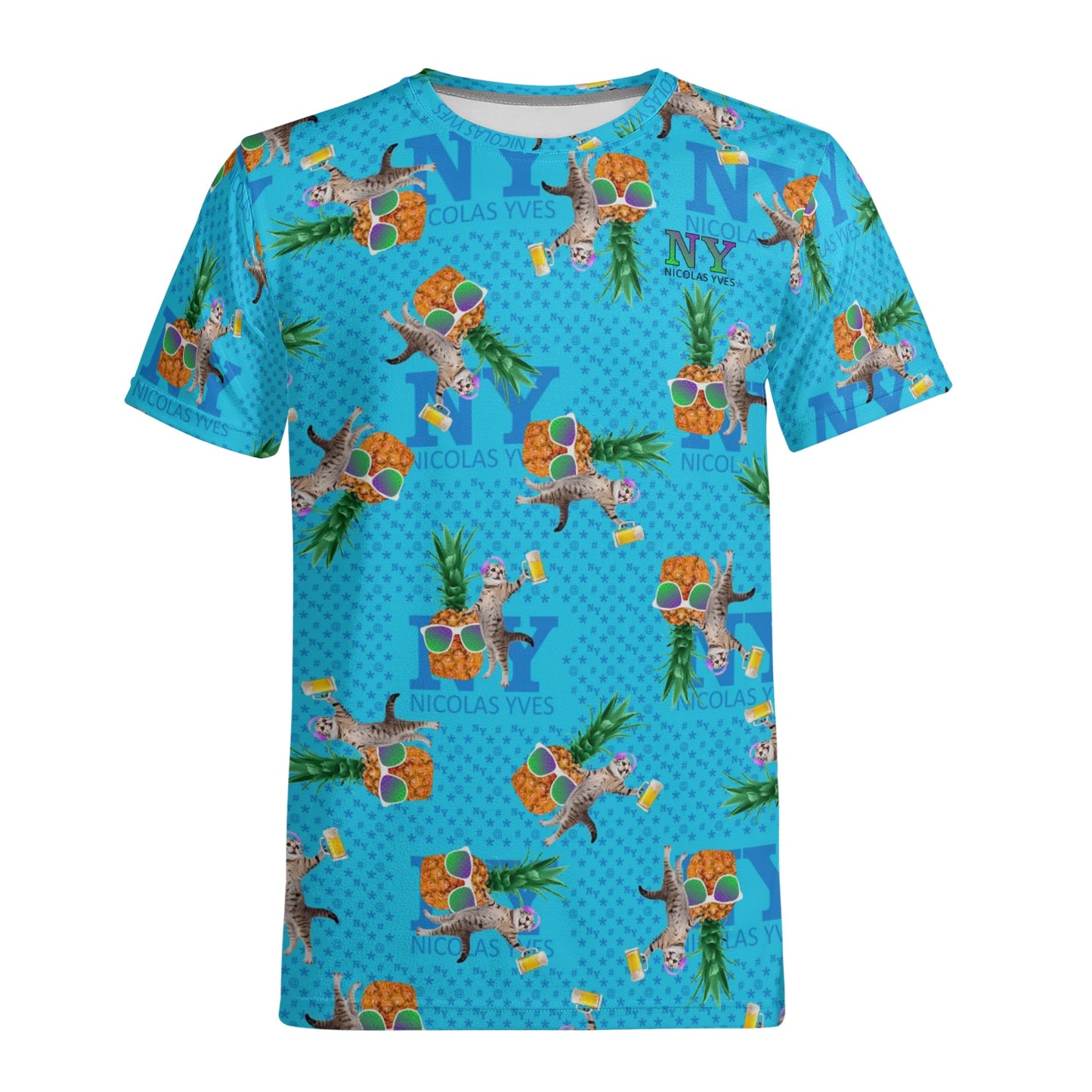 Un Tee-shirt, des Chats, des Ananas et de la Bière ! Le T-shirt Bleu Kitsch Chananas de Nicolas Yves. Lunettes reflet violet vert 04