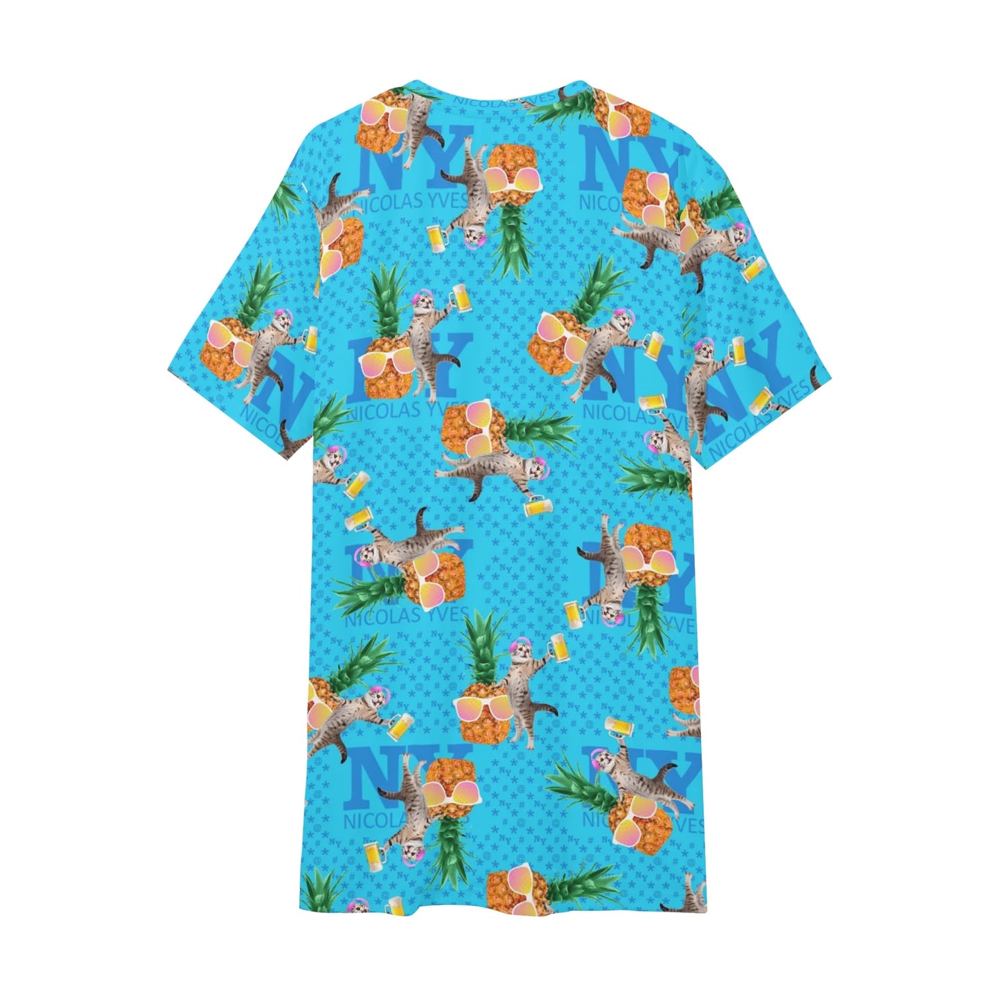 Un Tee-shirt, des Chats, des Ananas et de la Bière ! Le T-shirt Bleu Kitsch Chananas de Nicolas Yves - effet jaune rose