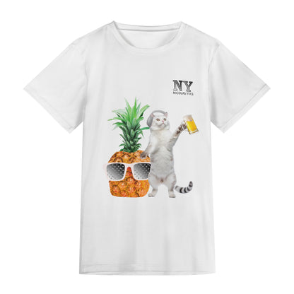 Un Tee-shirt, un Chat, un Ananas et de la Bière ! Le T-shirt Simple Blanc Chananas de Nicolas Yves - effet gris