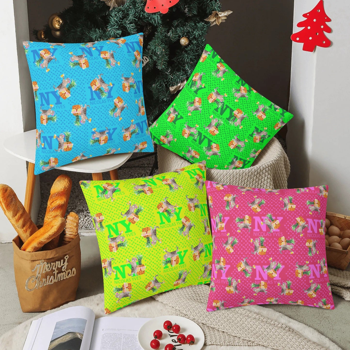 4 HOUSSES DE COUSSIN NY de Nicolas Yves™  - Bleu, Jaune, Vert, Rose