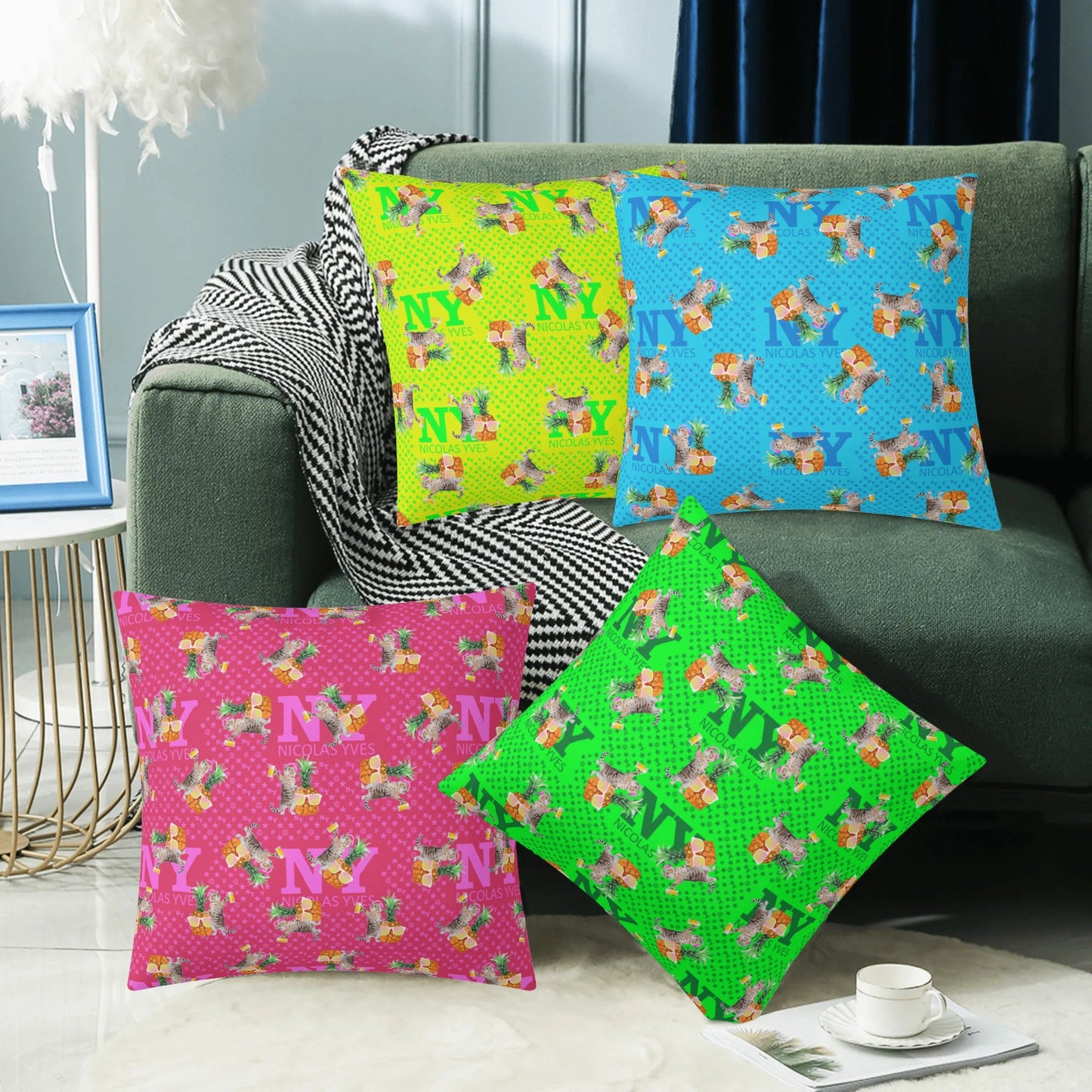 4 HOUSSES DE COUSSIN NY de Nicolas Yves™  - Bleu, Jaune, Vert, Rose